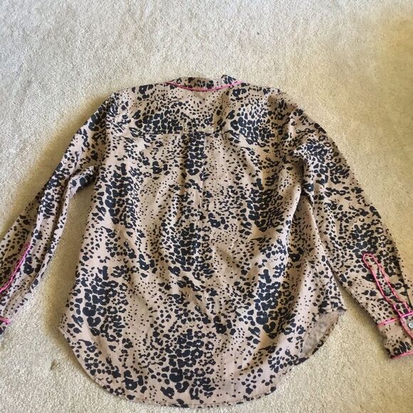 J Crew Brown Tan Black Leopard Print Button Down Shirt Blouse Linen Pink Trim - Picture 9 of 9